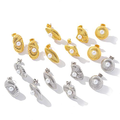 Roestvrij staal Stud Earrings, 304 roestvrij staal, met Plastic Pearl, mode sieraden & verschillende stijlen voor de keuze & voor vrouw, meer kleuren voor de keuze, Verkocht door pair