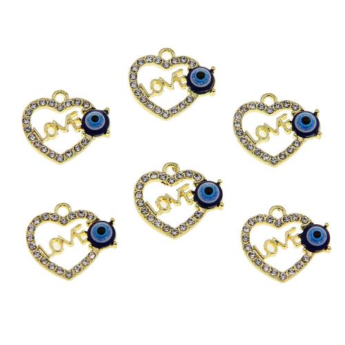 Evil Eye Hangers, Zinc Alloy, Hart, gold plated, DIY & boze oog patroon & glazuur & met strass, blauw, nikkel, lood en cadmium vrij, 100pC's/Bag, Verkocht door Bag