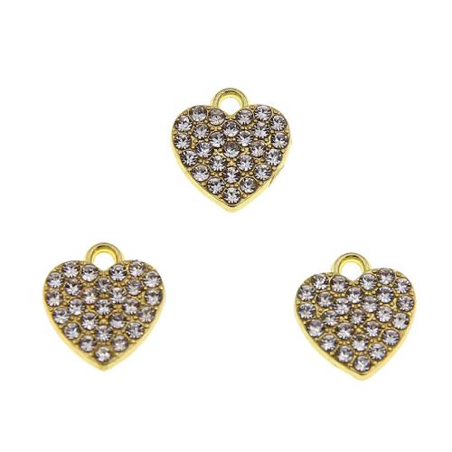 Pendentifs coeur en alliage de zinc, Placage de couleur d'or, DIY & avec strass, protéger l'environnement, sans nickel, plomb et cadmium, 12x11x2mm, 100PC/sac, Vendu par sac