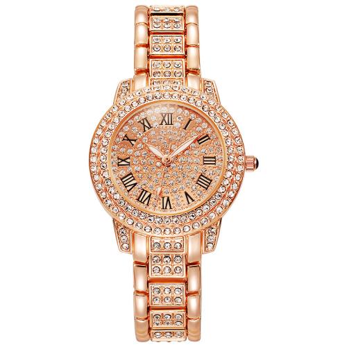 Femmes montre-bracelet, Acier inoxydable 304, avec verre & alliage de zinc, mouvement chinoise & pour femme & lumineux & avec strass, couleur or rose, 120x80x80mm, Vendu par PC