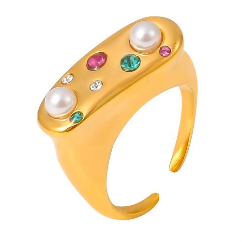 Strass roestvrij staal vinger ring, 304 roestvrij staal, met Plastic Pearl, plated, mode sieraden & voor vrouw & met strass, meer kleuren voor de keuze, Maat:7, Verkocht door PC