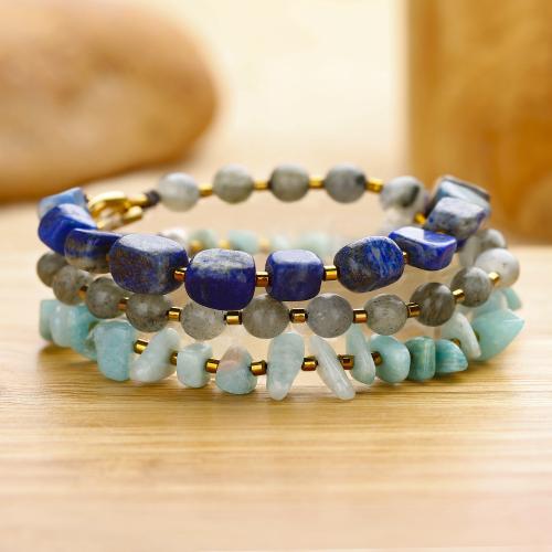 Lazuli Nádúrtha lazuli bráisléid, Lapis Lazuli, le Labradarite & Amazonite, lámhdhéanta, jewelry faisin & multilayer & unisex, il-daite, Fad 52 cm, Díolta De réir PC