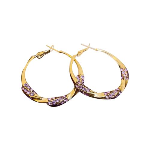 Zinc Alloy Hoop Earring, guldfarve belagt, for kvinde & med rhinestone, 40x10mm, Solgt af par