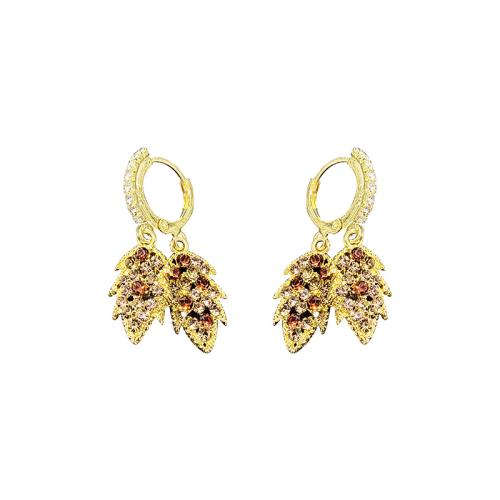 Zinc Alloy Huggie Hoop Drop Earring Leaf gold color plated for woman & with rhinestone Sold By Pair