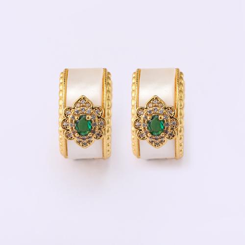 Brass Huggie Hoop Earring with Green Agate & White Shell gold color plated for woman & with rhinestone & hollow Sold By Pair