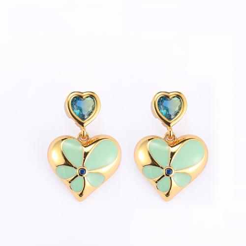 Messing Drop Earring, met Glas, Hart, gold plated, voor vrouw & glazuur, 26x17mm, Verkocht door pair