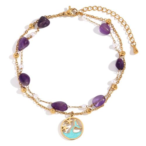 Anklet de acero inoxidable, acero inoxidable 304, con Piedra natural, con 5cm extender cadena, 18K chapado en oro, Joyería & para mujer, dorado, longitud aproximado 20 cm, Vendido por UD