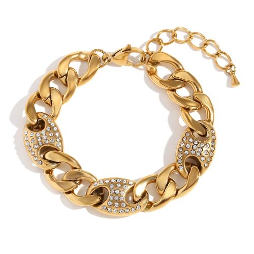 Pulsera de Acero Inoxidable, acero inoxidable 304, con 5cm extender cadena, 18K chapado en oro, Joyería & para mujer & con diamantes de imitación, dorado, longitud aproximado 15 cm, Vendido por UD