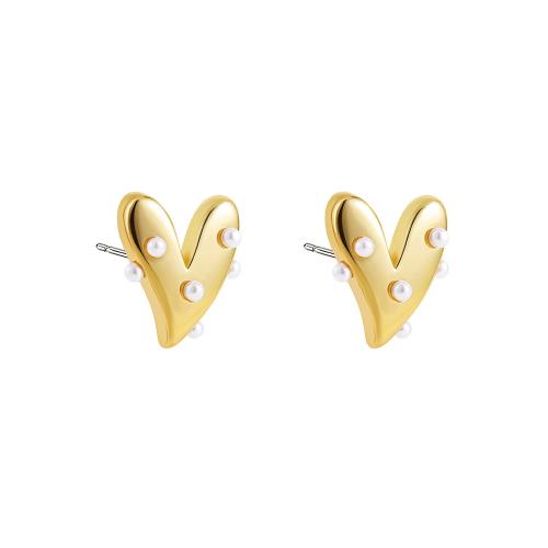 Roestvrij staal Stud Earrings, 304 roestvrij staal, met Plastic Pearl, Hart, 18K verguld, mode sieraden & voor vrouw, gouden, 20x22mm, Verkocht door pair