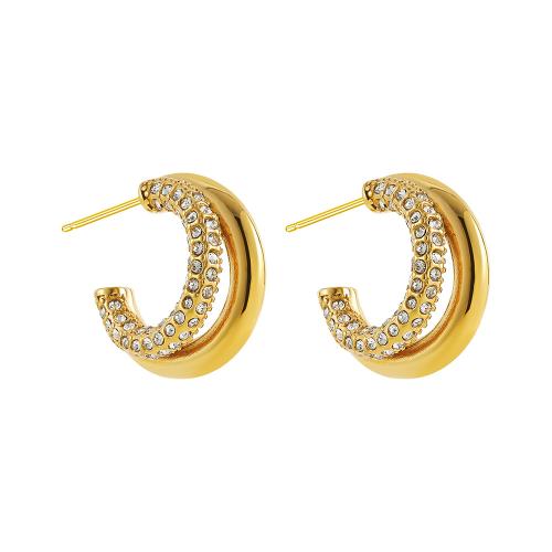 Roestvrij staal Stud Earrings, 304 roestvrij staal, 18K verguld, mode sieraden & voor vrouw & met strass, gouden, 22x22mm, Verkocht door pair