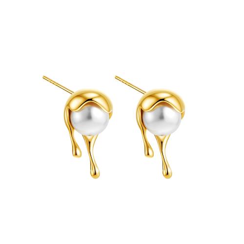 Roestvrij staal Stud Earrings, 304 roestvrij staal, met Plastic Pearl, 18K verguld, mode sieraden & voor vrouw, gouden, 9x16mm, Verkocht door pair