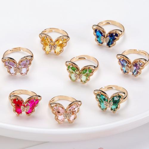 Anillo de dedo de latón, metal, con Cristal, Mariposa, chapado, para mujer, más colores para la opción, 5PCs/Bolsa, Vendido por Bolsa