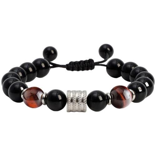 Bracelets de pierres précieuses, Acier inoxydable 304, avec Obsidienne & cordon de polyester & oeil de tigre, fait à la main, styles différents pour le choix & pour homme, plus de couleurs à choisir, Longueur Environ 16 cm, Vendu par fixé