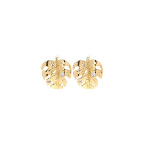 Cubic Zirconia Micro Pave Brass Earring Leaf gold color plated fashion jewelry & micro pave cubic zirconia & for woman nickel lead & cadmium free Sold By Pair