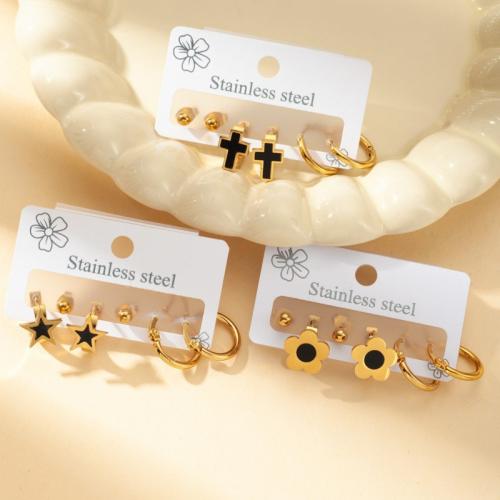 Stainless Steel Stud Earrings 304 Stainless Steel gold color plated three pieces & fashion jewelry & enamel gold Sold By Set