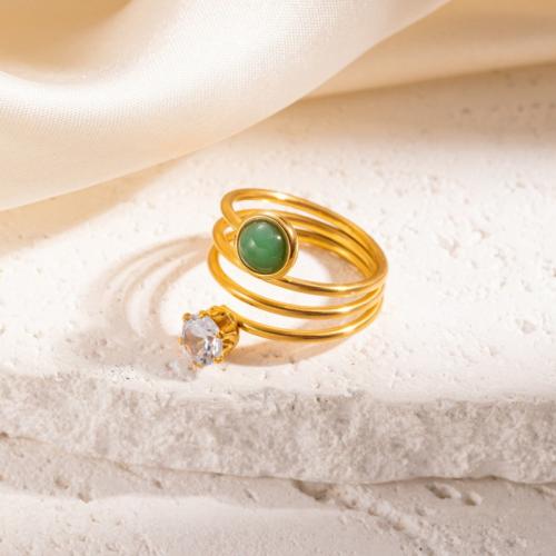 Stainless Steel Finger Ring 304 Stainless Steel with Malachite gold color plated fashion jewelry & with rhinestone golden Sold By PC