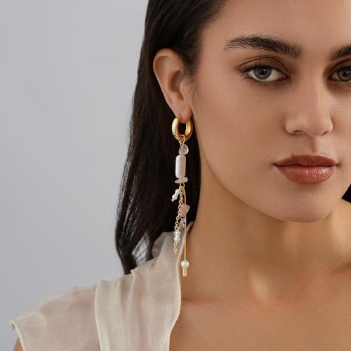 Brass Drop Earring with Natural Stone & Plastic Pearl gold color plated fashion jewelry golden nickel lead & cadmium free Sold By Pair