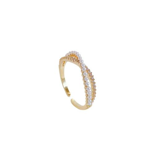 Cúbicos Circonia Micro Pave anillo de latón, metal, con Perlas plásticas, chapado, micro arcilla de zirconia cúbica & para mujer, dorado, Vendido por UD