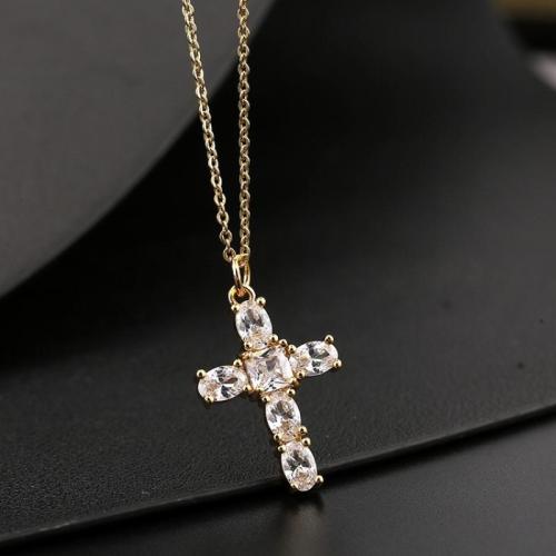 Cubic Zircon Micro Pave Brass Necklace Cross plated micro pave cubic zirconia & for woman gold Length Approx 21-50 cm Sold By PC