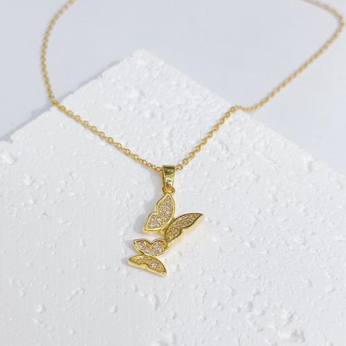 Cubic Zircon Micro Pave Brass Necklace with Titanium Steel with 5CM extender chain Butterfly plated micro pave cubic zirconia & for woman golden Length Approx 40 cm Sold By PC