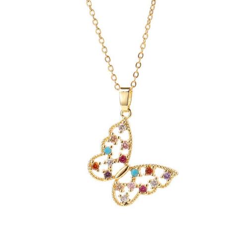 Cubic Zircon Micro Pave Brass Necklace with Titanium Steel with 5CM extender chain Butterfly plated micro pave cubic zirconia & for woman Length 40 cm Sold By PC