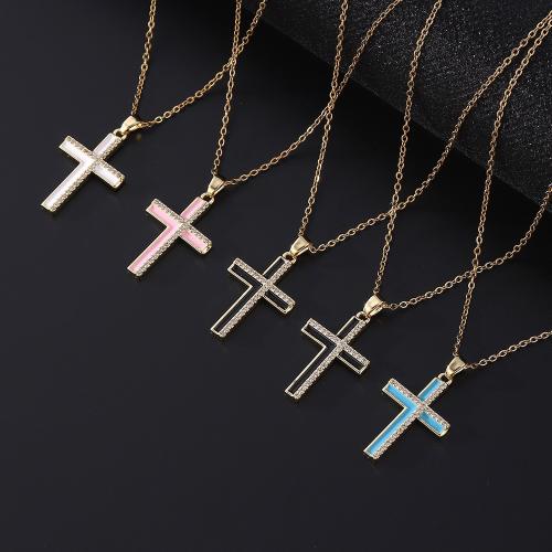 Cubic Zircon Micro Pave Brass Necklace Cross plated micro pave cubic zirconia & for woman & enamel Sold By PC