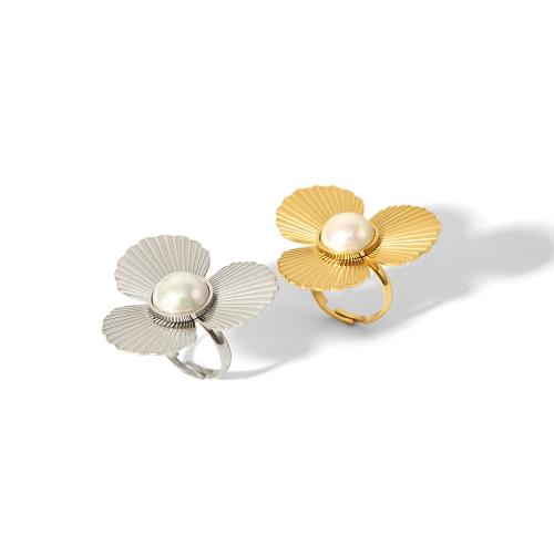 Stainless Steel Finger Ring 304 Stainless Steel with Plastic Pearl Flower fashion jewelry & for woman Sold By PC