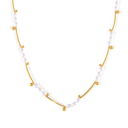 Collier d'acier titane, avec perle de plastique, avec 7cm chaînes de rallonge, bijoux de mode & pour femme, doré, Longueur Environ 43 cm, Vendu par PC