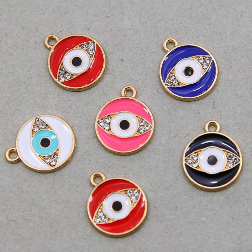 Evil Eye Pendants Zinc Alloy Round gold color plated DIY & evil eye pattern & enamel & with rhinestone nickel lead & cadmium free 100/Bag Sold By Bag