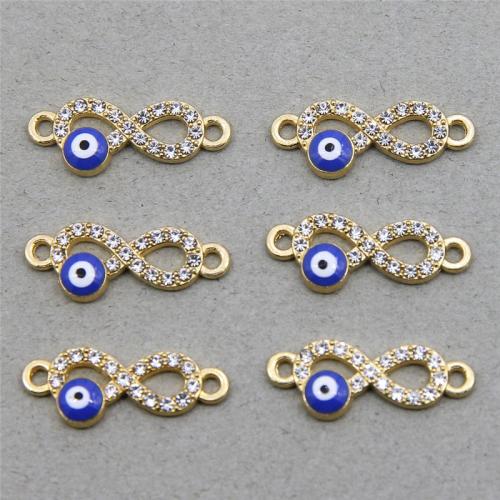 Evil Eye Connector Zinc Alloy gold color plated DIY & evil eye pattern & with rhinestone & 1/1 loop blue nickel lead & cadmium free Sold By Bag