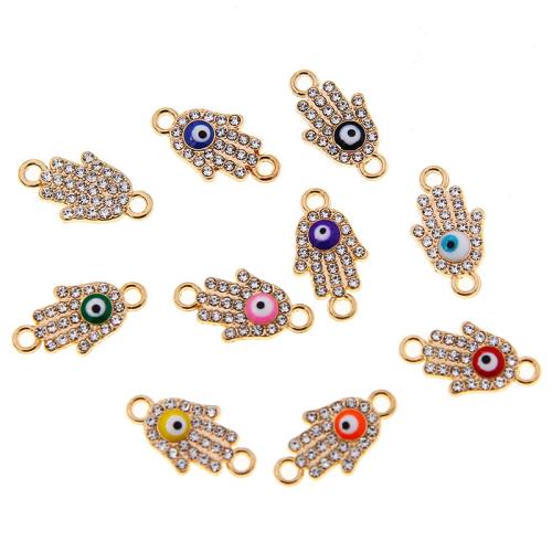 Evil Eye Connector Zinc Alloy Hand gold color plated DIY & evil eye pattern & enamel & with rhinestone & 1/1 loop nickel lead & cadmium free Sold By Bag