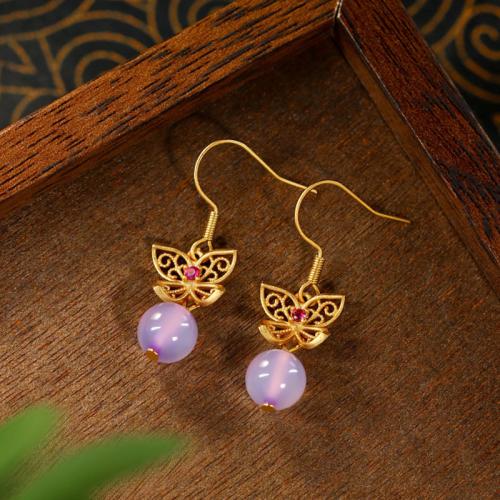 Zinc Alloy Drop Earring, met chalcedoon, Vlinder, gold plated, voor vrouw & hol, 12x36mm, Verkocht door pair