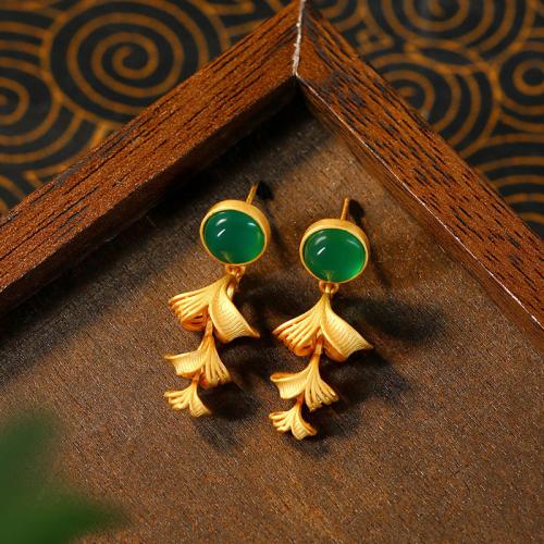 Zinc Alloy Drop Earring with Jade Ginkgo Leaf gold color plated for woman & hollow Sold By Pair