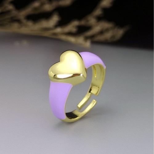 Messing fingerring, Heart, guldfarve belagt, for kvinde & emalje, lilla, inner diameter:17~20mm, Solgt af PC