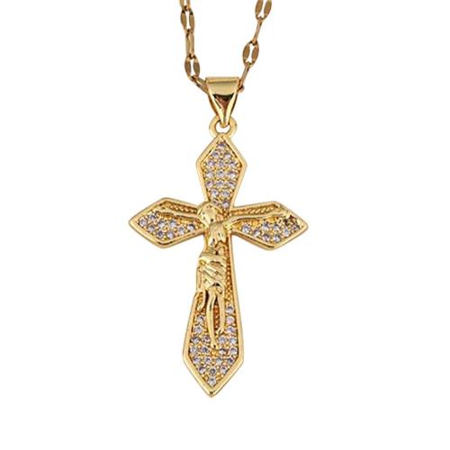 Cubic Zircon Micro Pave Brass Necklace Cross plated & micro pave cubic zirconia & for woman gold Length Approx 41-50 cm Sold By PC