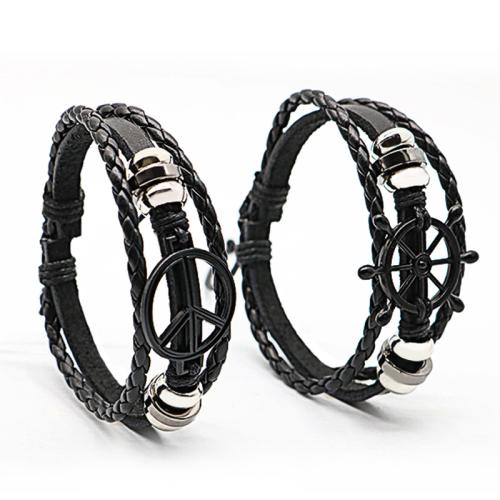 PU Cord Armbånd, Zinc Alloy, med PU & Voks, forgyldt, tre lag & Unisex & forskellige stilarter for valg, flere farver til valg, nikkel, bly & cadmium fri, Længde 19 cm, Solgt af PC