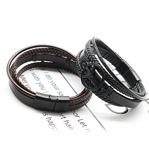 PU Leather Cord Bracelets Zinc Alloy with Magnet & PU Leather & Wax Cord plated multilayer & for man nickel lead & cadmium free Length 21 cm Sold By PC