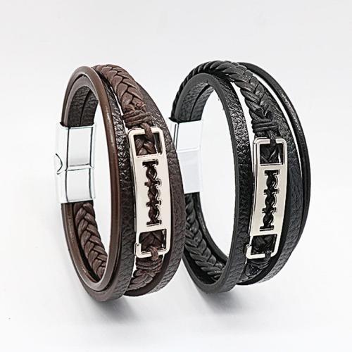 PU Leather Cord Bracelets Zinc Alloy with Magnet & PU Leather plated multilayer & for man nickel lead & cadmium free Length 21 cm Sold By PC