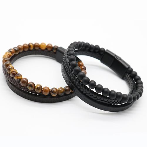 PU Cord Armbånd, Zinc Alloy, med Magnet & PU & Lava & Tiger Eye, forgyldt, tre lag & forskellige materialer til valg & Unisex, flere farver til valg, nikkel, bly & cadmium fri, Længde 21 cm, Solgt af PC