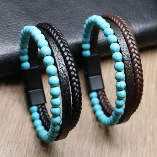 PU leder koord armbanden, Zinc Alloy, met Magneet & PU & Natuurlijke Turquoise, plated, drie lagen & uniseks, meer kleuren voor de keuze, nikkel, lood en cadmium vrij, Lengte 21 cm, Verkocht door PC