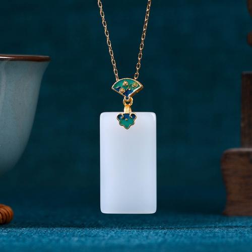 Brass Necklace with Jade Geometrical Pattern gold color plated vintage & oval chain & for woman & enamel Length Approx 17.7 Inch Sold By PC