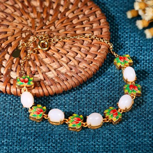 Brass Bracelet with Jade with 2.2inch extender chain Lotus gold color plated vintage & for woman & enamel Length Approx 16.3 Inch Sold By PC