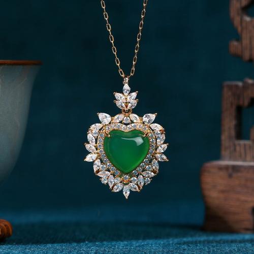 Zinc Alloy Necklace with Green Calcedony Heart gold color plated vintage & oval chain & for woman & with rhinestone Length Approx 17.7 Inch Sold By PC