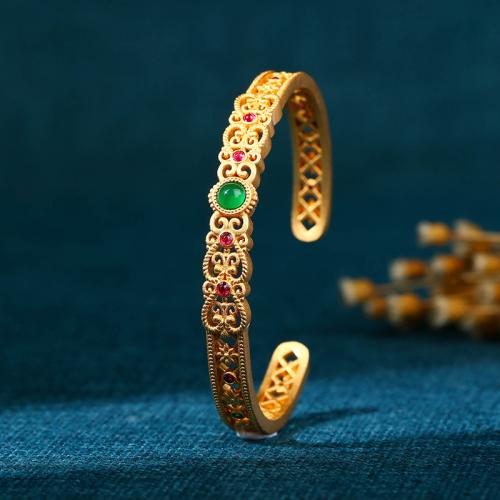 Brass Cuff Bangle with Green Calcedony gold color plated vintage & for woman & hollow Inner Approx 60mm Sold By PC