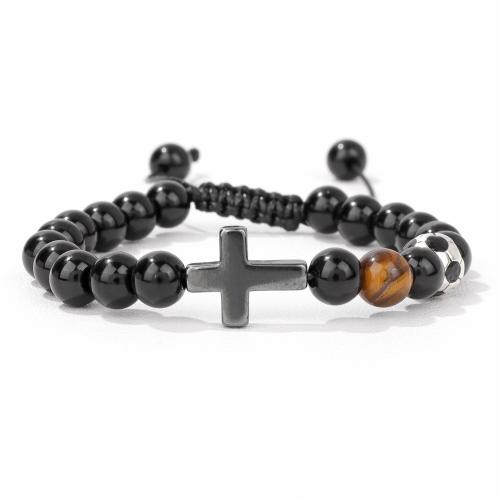 Natural Tiger Eye pulseiras, liga de zinco, with Fio de cera & olho de tigre & Hematita, unissex, cores misturadas, comprimento Aprox 16 cm, vendido por PC