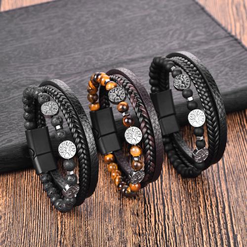 PU Leather Cord Bracelets Gemstone with PU Leather &  & Hematite & Zinc Alloy plated three layers & for man nickel lead & cadmium free Length 21 cm Sold By PC