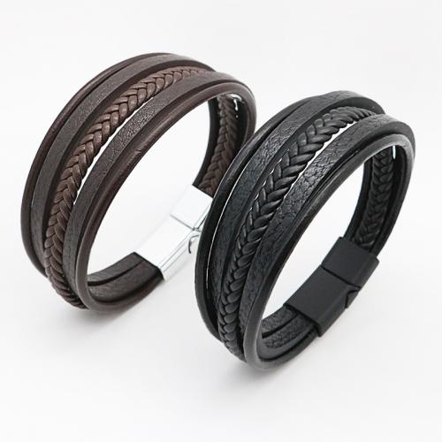 PU Leather Cord Bracelets 304 Stainless Steel with Magnet & PU Leather Vacuum Ion Plating multilayer & Unisex Length 21 cm Sold By PC