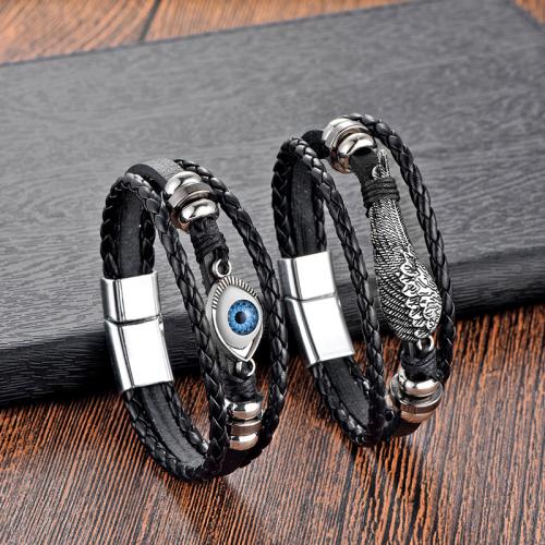 PU Leather Cord Bracelets Zinc Alloy with Magnet & PU Leather & PVC Plastic plated three layers & Unisex nickel lead & cadmium free Length 21 cm Sold By PC