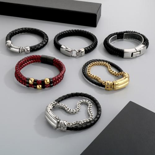 Stainless Steel Jewelry Bracelet 304 Stainless Steel with PU Leather Vacuum Ion Plating & for man Sold By PC