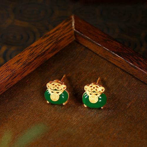 Zinc Alloy Stud Earring with Green Calcedony gold color plated for woman & hollow Sold By Pair